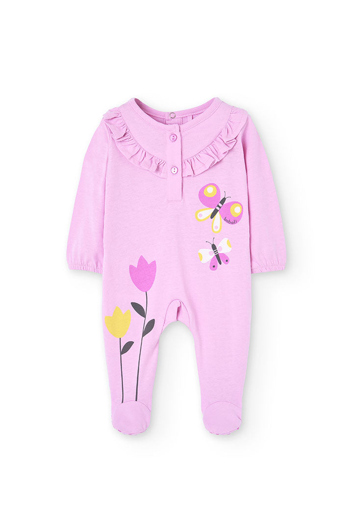 Tutina Jersey per Neonata di Colore Rosa con Stampa di Farfalle e Fiori Boboli