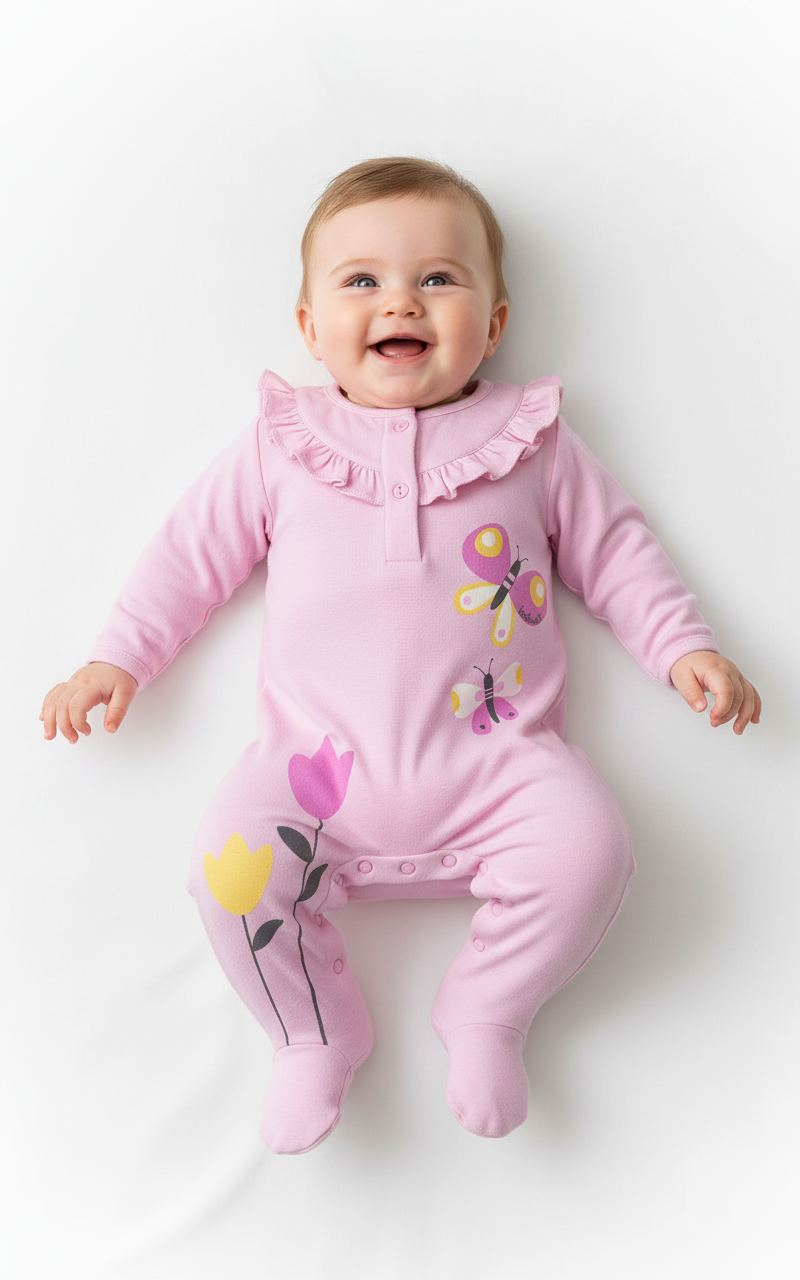 Tutina jersey  per neonata di colore rosa con stampa di farfalle e fiori