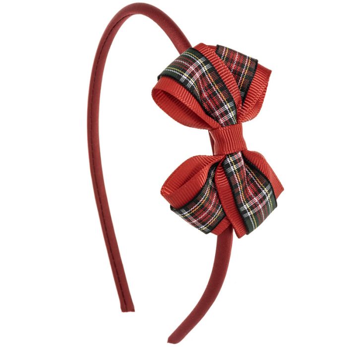 Cerchietto per Neonata con Fiocchetto Tartan e Grosgrain Siena