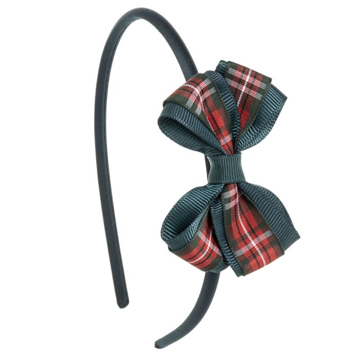 Cerchietto per Neonata con Fiocchetto Tartan e Grosgrain Siena