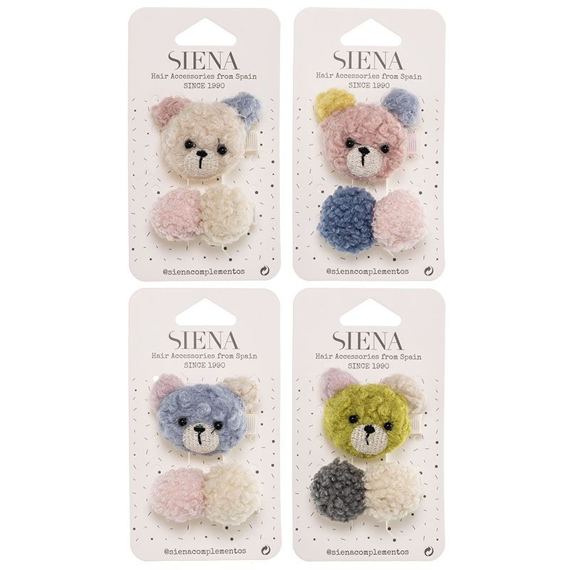 Set Mollette per Capelli con Orsetto in Spugna e Pompon Siena