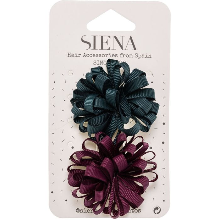 Confezione da 2 Fermagli per Capelli con Pompon in Grosgrain Siena