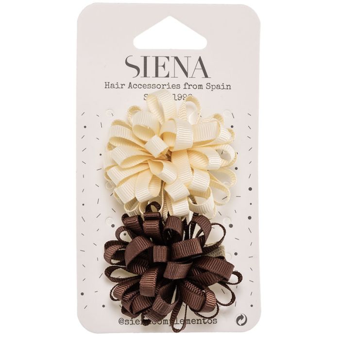 Confezione da 2 Fermagli per Capelli con Pompon in Grosgrain Siena