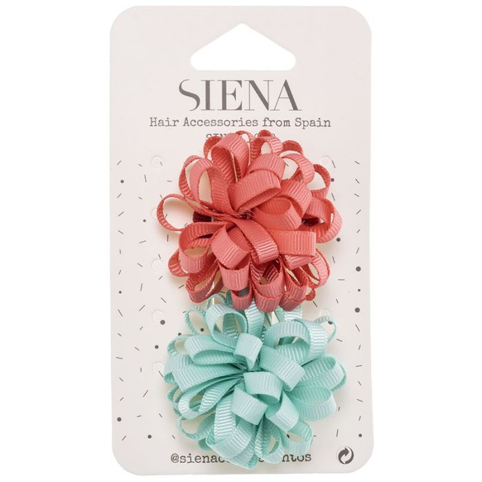 Confezione da 2 Fermagli per Capelli con Pompon in Grosgrain Siena