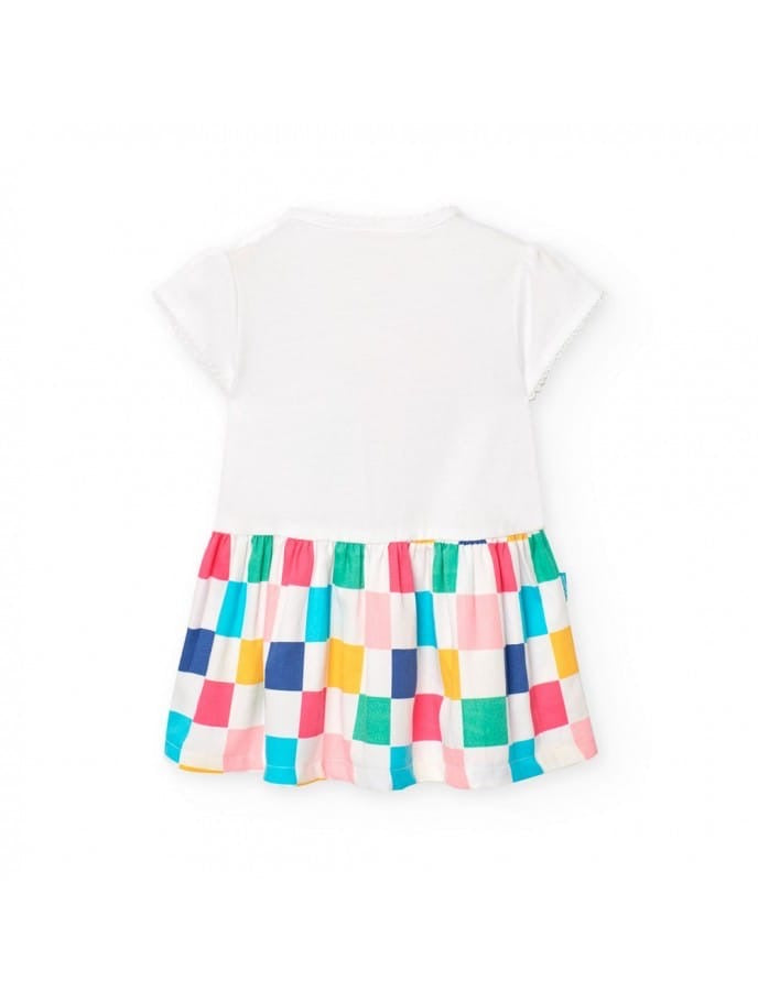 Abito a Maglia Combinato per Bebè Femmina con Motivo a Quadri di Colore Bianco B