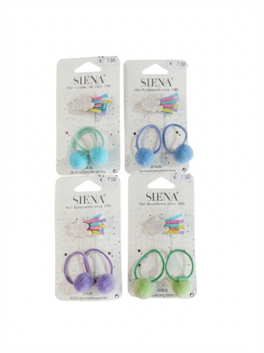 Set - Fermaglio Nuvola & 2 Elastici Pon Pon Colori Assortiti Siena