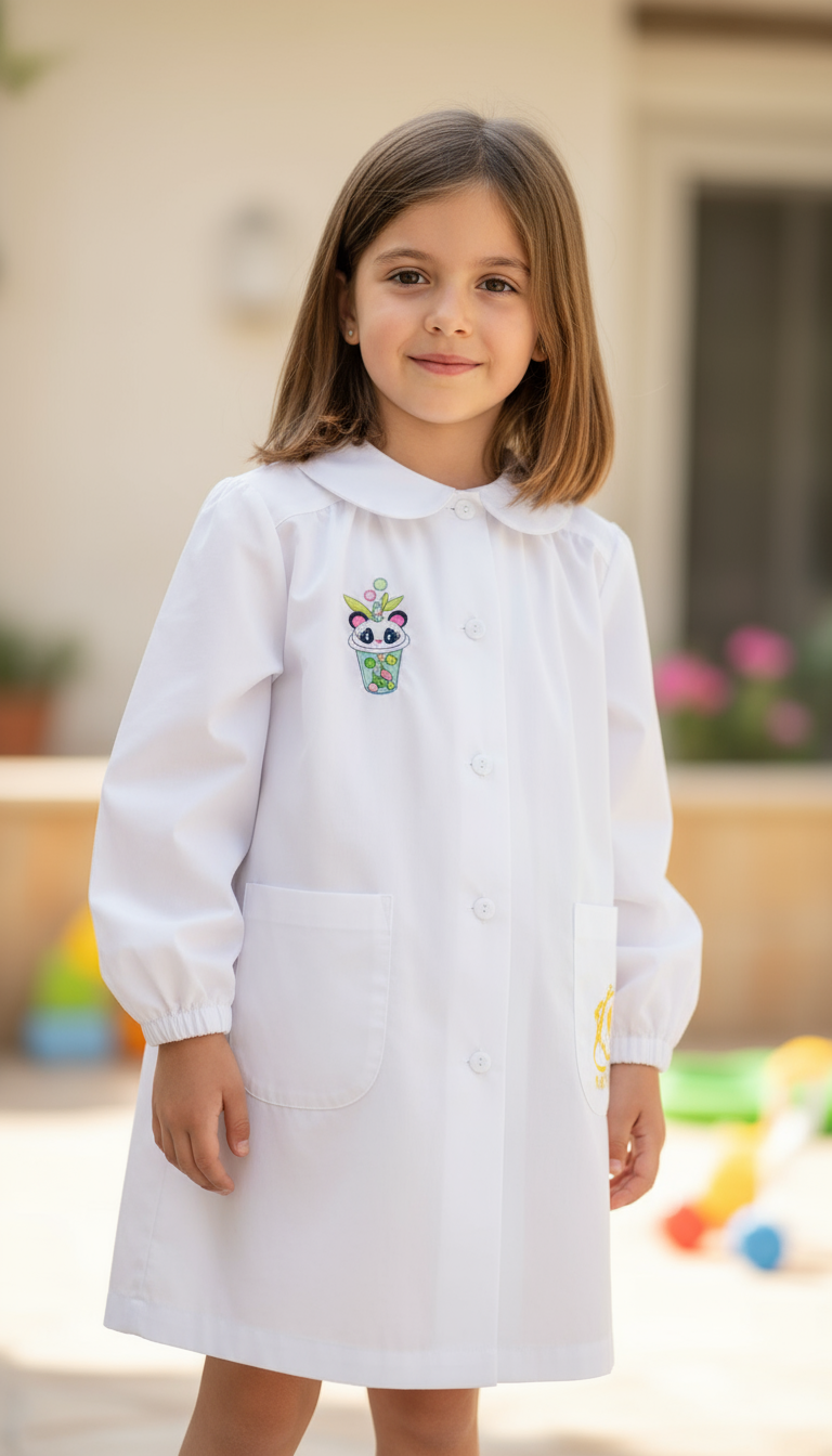 Grembiule Bottoni Scuola Femmina con Ricamo Panda - Bambina