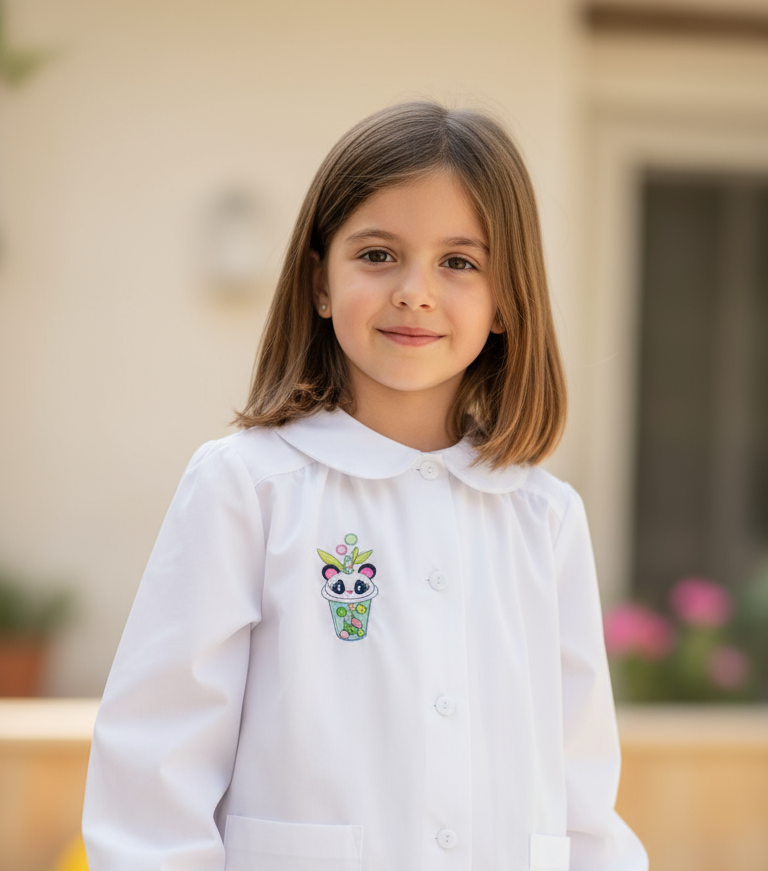 Grembiule Bottoni Scuola Femmina con Ricamo Panda - Bambina