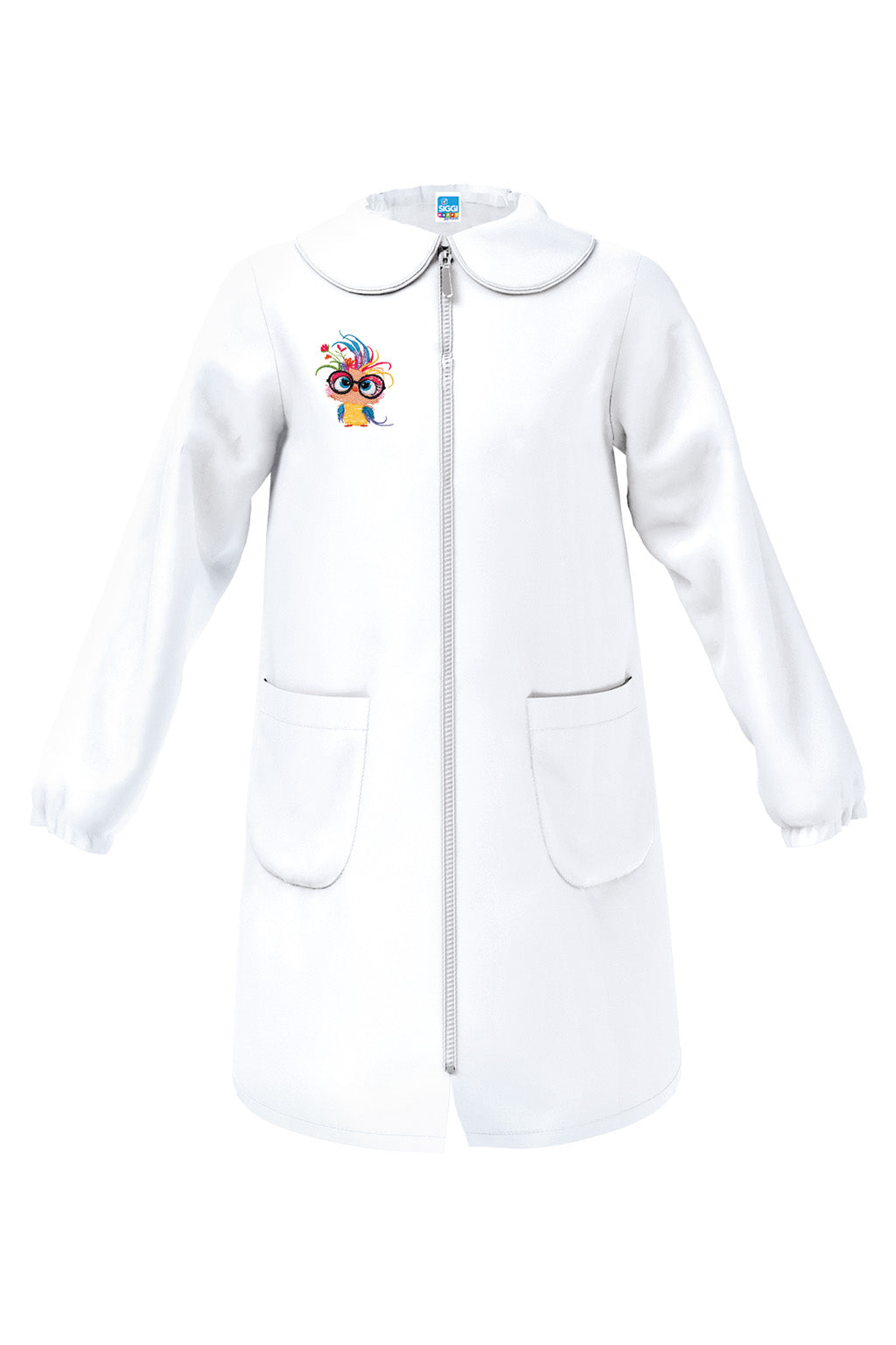 Grembiule Cerniera Scuola Femmina con Ricamo Gufetto Funny Bird Bianco - Siggi