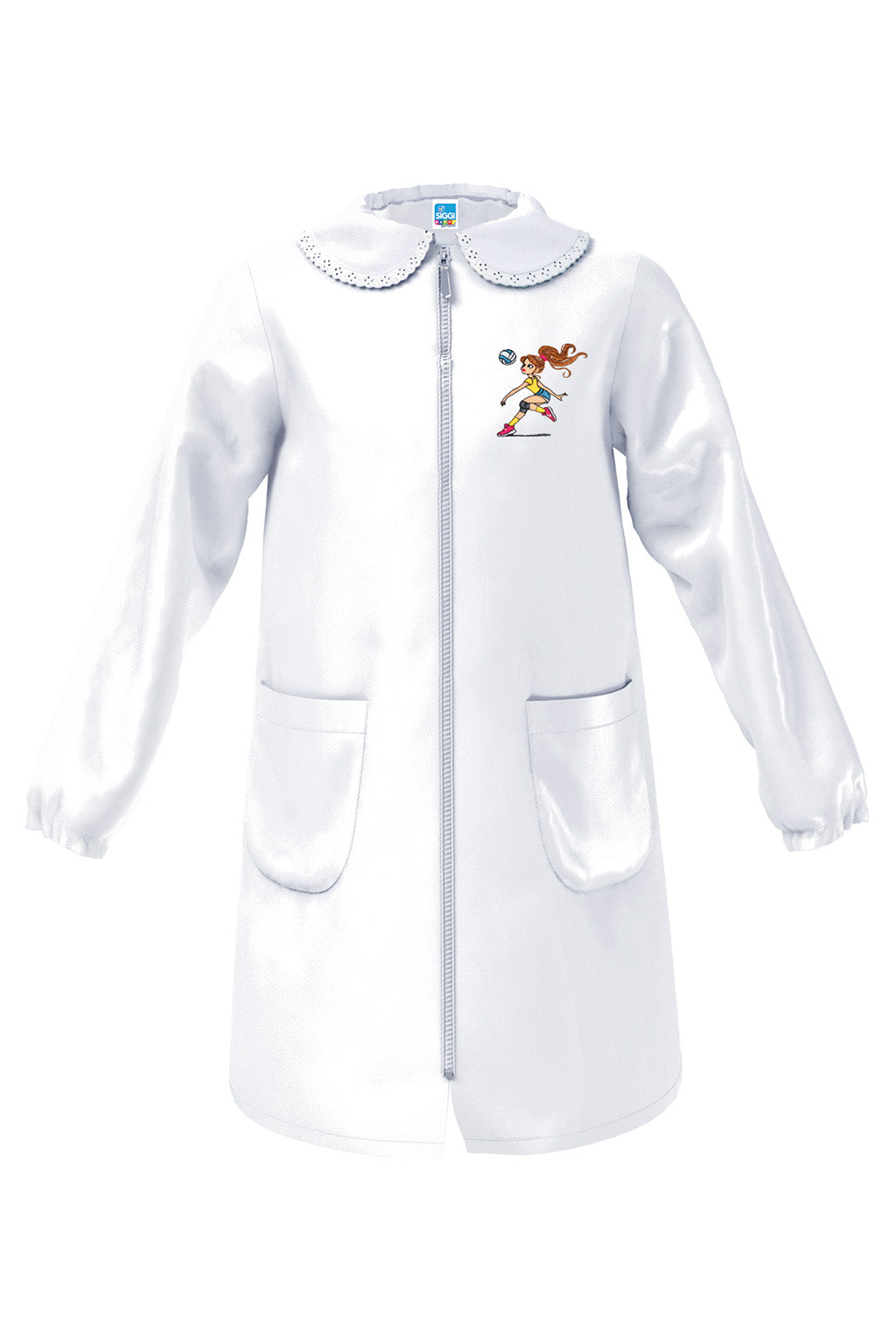 Grembiule Cerniera Scuola Femmina con Ricamo Pallavolista Bianco - Siggi