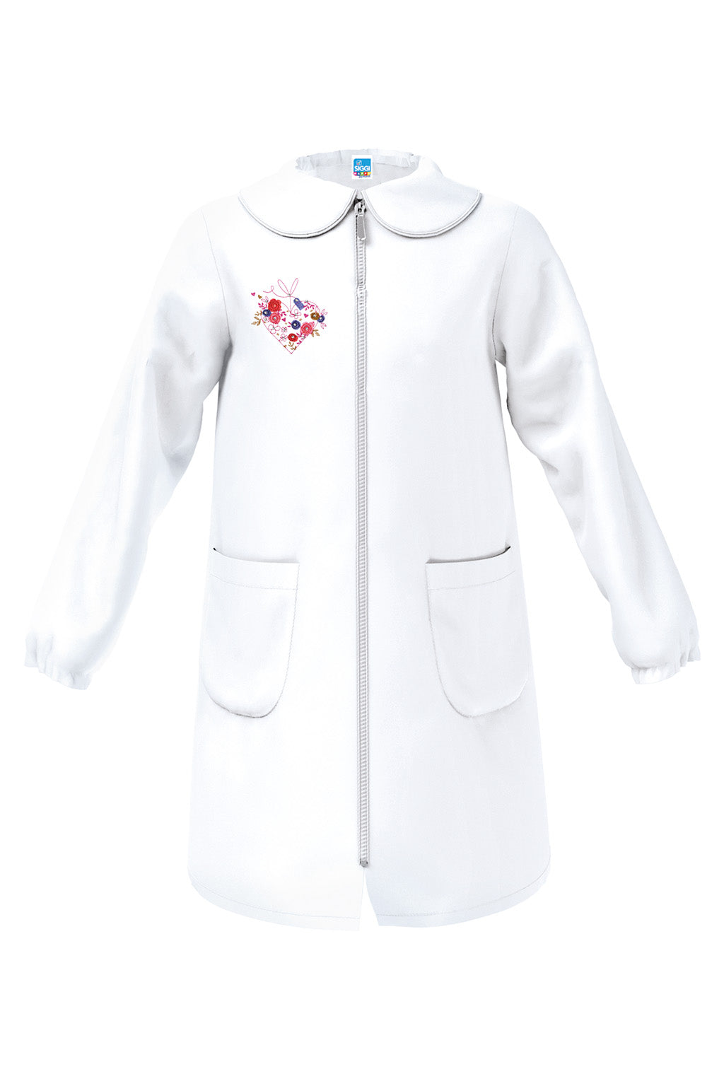 Grembiule Cerniera Scuola Femmina con Ricamo Cuore Fiorito Bianco - Siggi
