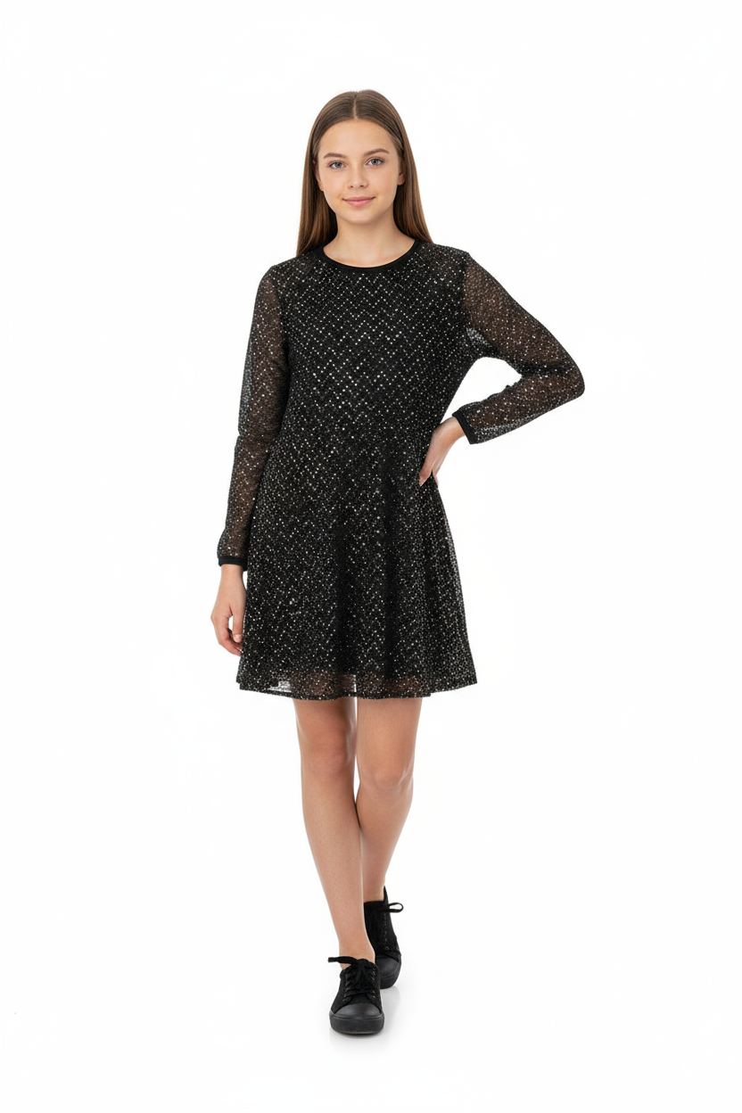 Vestito Boboli Nero con Paillettes Oro e Maniche in Velo- Bambina- Ragazza