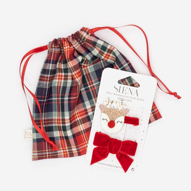 Sacchettino in Tessuto Tartan con Renna e Fiocco Rosso Siena