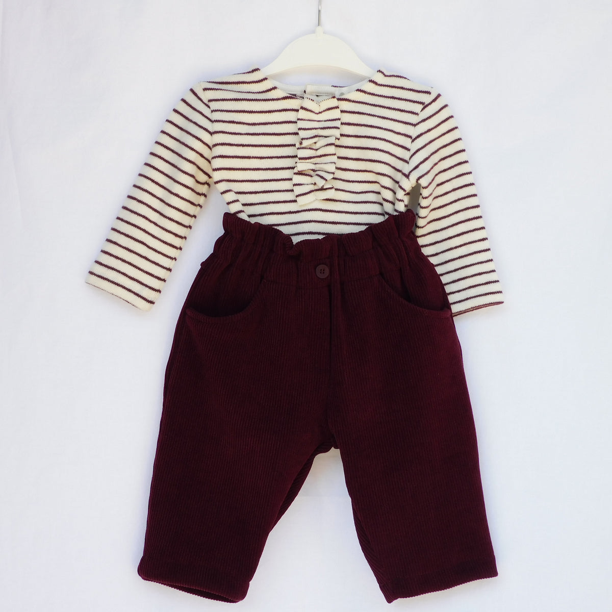 Completo Maglia a Righe e Pantalone in Velluto Neonata Bordeaux Lalalù