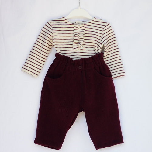 Completo Maglia a Righe e Pantalone in Velluto Neonata Bordeaux Lalalù