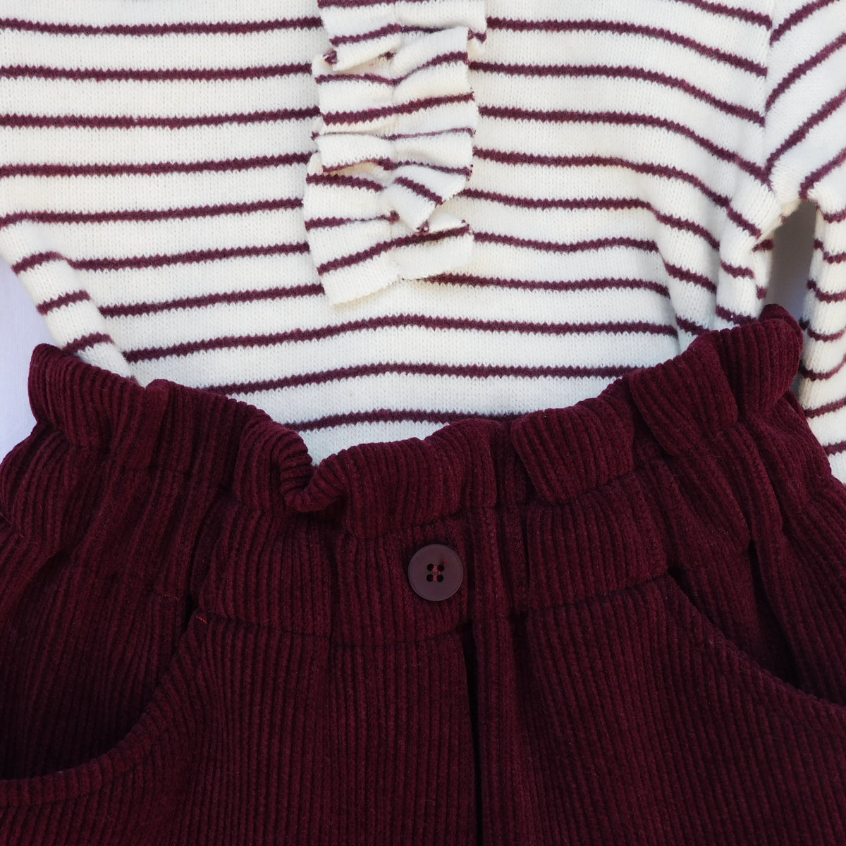 Completo Maglia a Righe e Pantalone in Velluto Neonata Bordeaux Lalalù