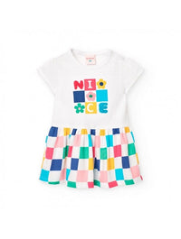Abito a Maglia Combinato per Bebè Femmina con Motivo a Quadri di Colore Bianco B