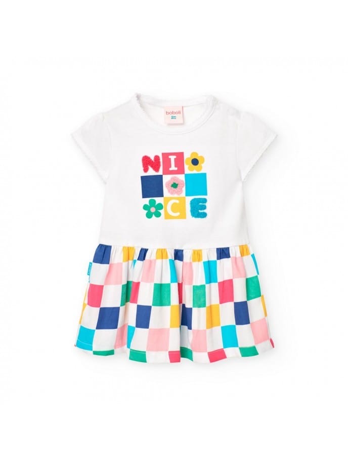 Abito a Maglia Combinato per Bebè Femmina con Motivo a Quadri di Colore Bianco B