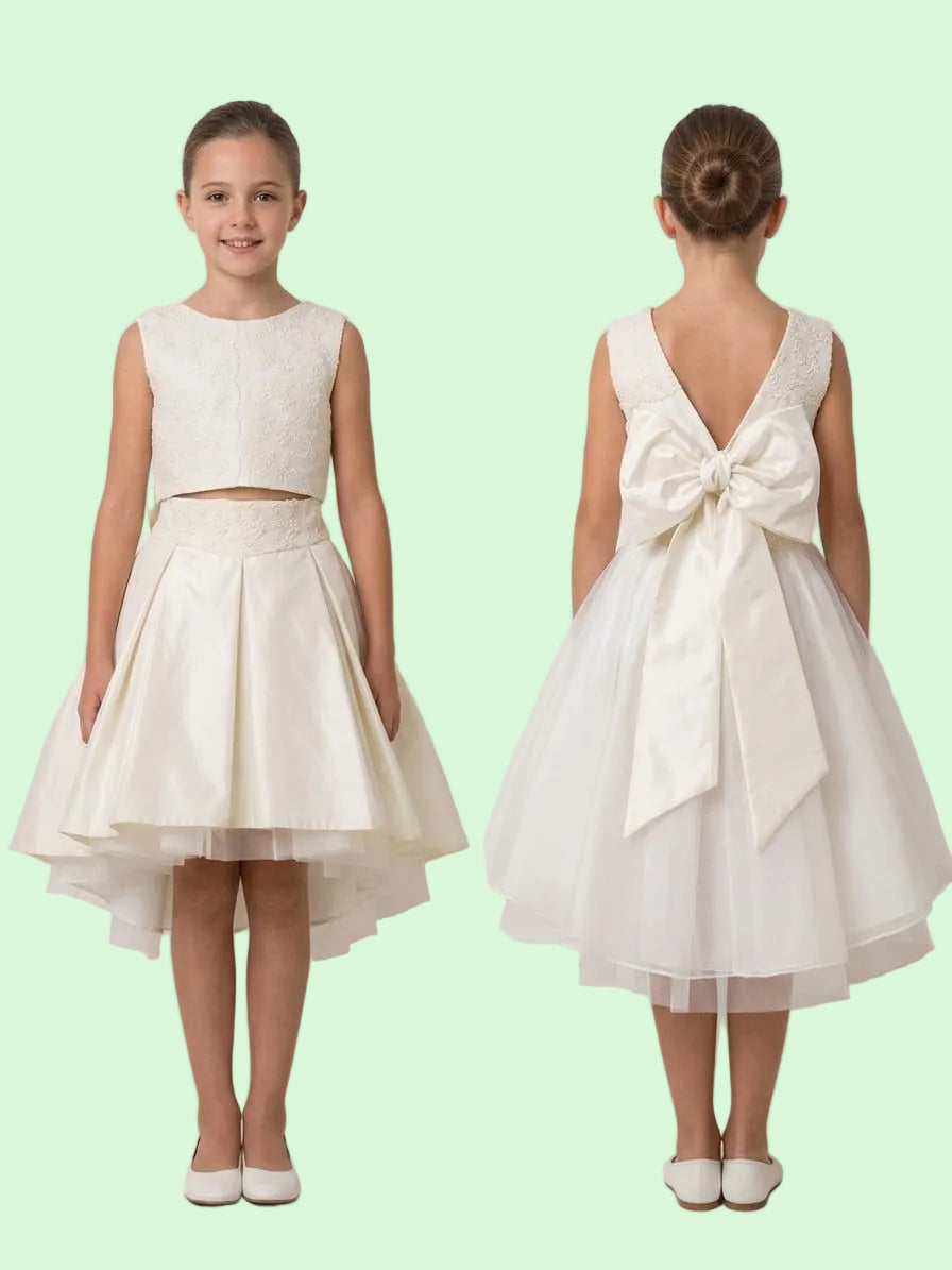 ABITO CERIMONIA 2 PEZZI CON RICAMI IN RILIEVO E FIOCCO SUL RETRO