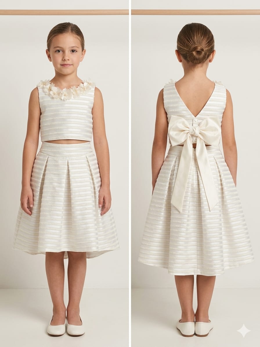 ABITO CERIMONIA 2 PEZZI CON FIOCCO SUL RETRO E FIORI IN RILIEVO