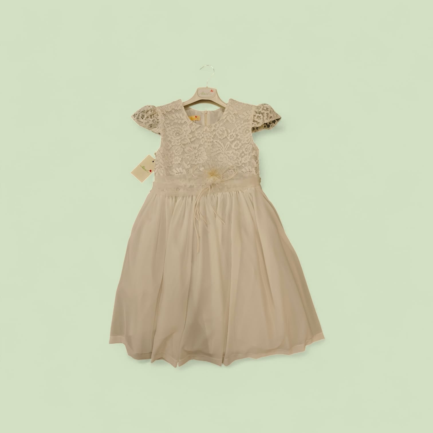 ABITO CERIMONIA CON BUSTINO IN PIZZO E FIORE SULLA CINTURA