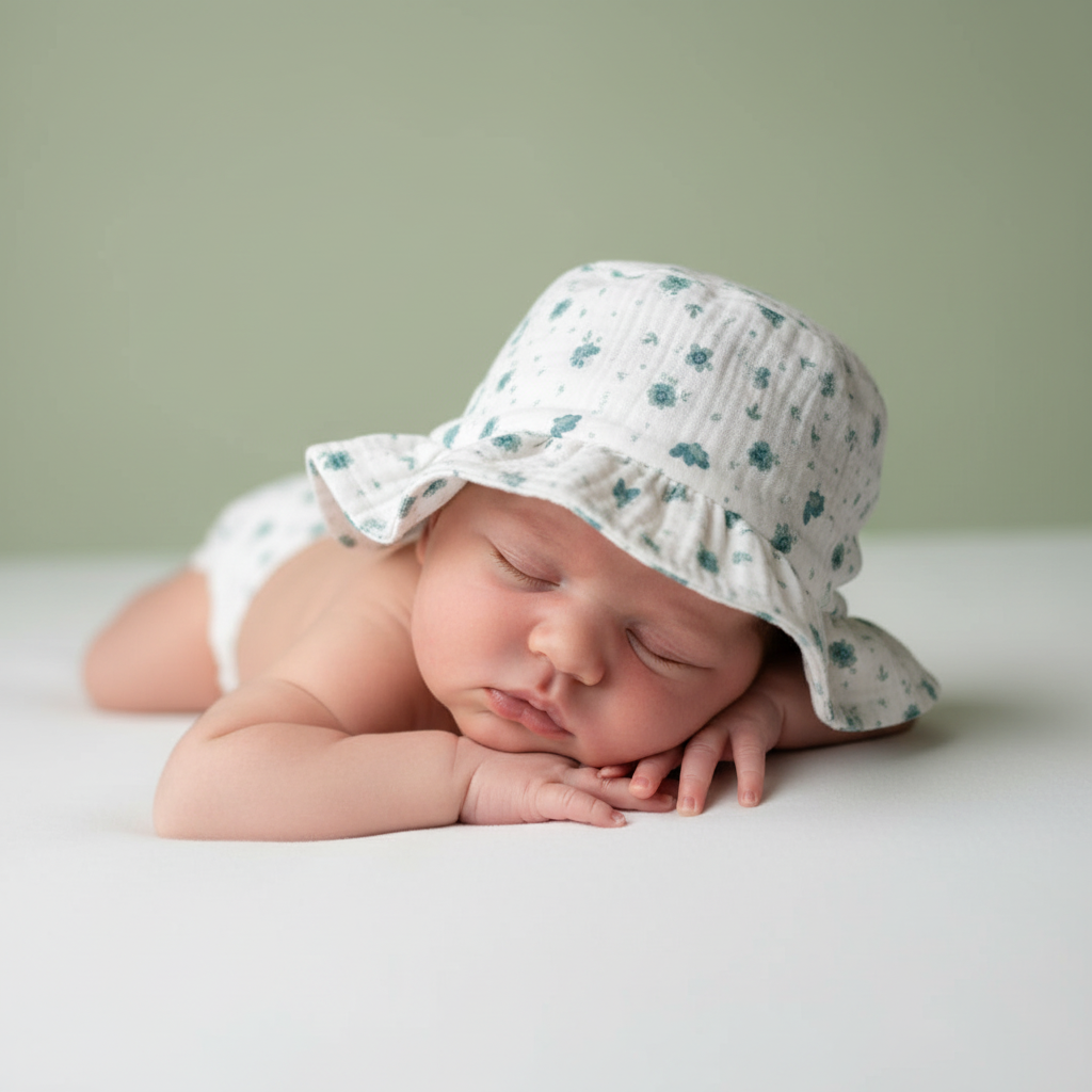 CAPPELLINO GARZA BIANCO CON FIORI VERDI LALALU'