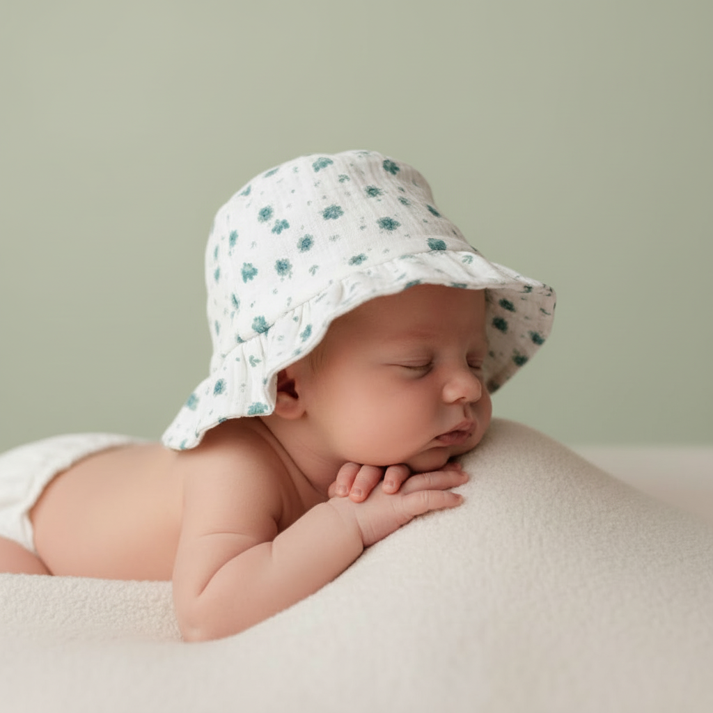 Cappellino Garza Bianco con Fiori Verdi Lalalu' - Neonata