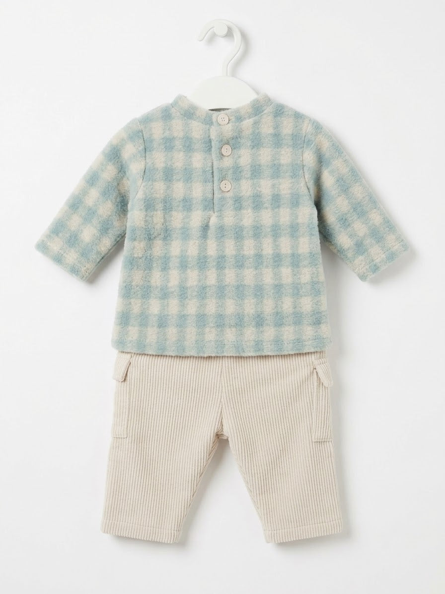 Completo Neonato Maglia Spugna Jacquard e Pantalone in Velluto Aloe Lalalù
