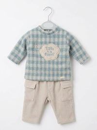 Completo Neonato Maglia Spugna Jacquard e Pantalone in Velluto Aloe Lalalù