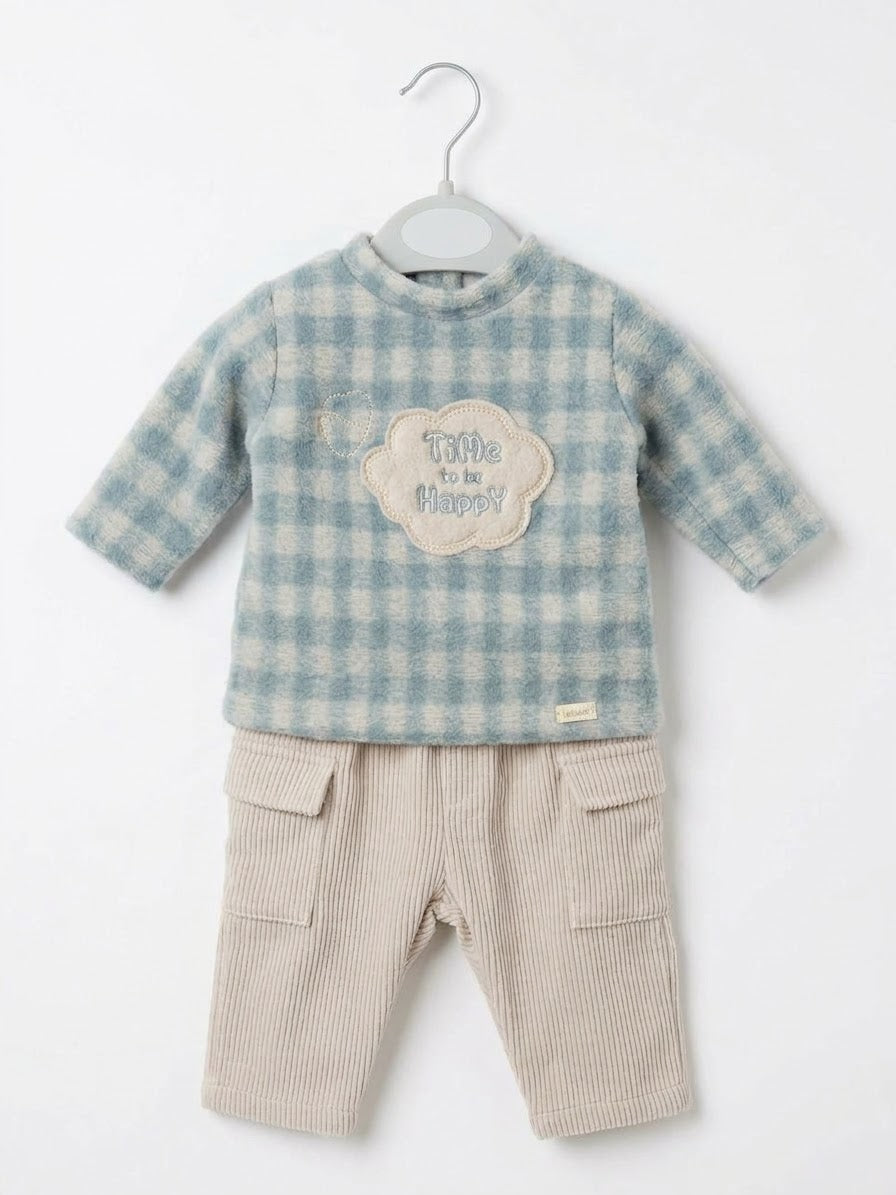 Completo Neonato Maglia Spugna Jacquard e Pantalone in Velluto Aloe Lalalù