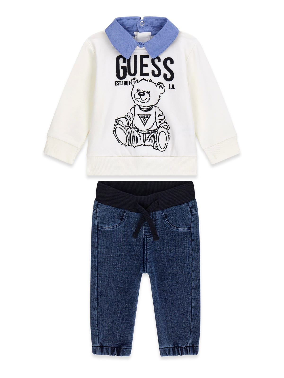 COMPLETO 2 PEZZI FELPA CON COLLETTO + JEANS ELASTICIZZATO GUESS