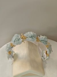 Coroncina Copricapo Arco con Fiori di Bambula e Nastri Siena