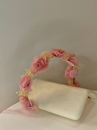 Coroncina Copricapo Arco con Fiori di Bambula e Nastri Siena