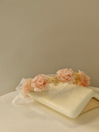 Coroncina Copricapo Arco con Fiori di Bambula e Nastri Siena