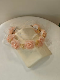 Coroncina Copricapo Arco con Fiori di Bambula e Nastri Siena