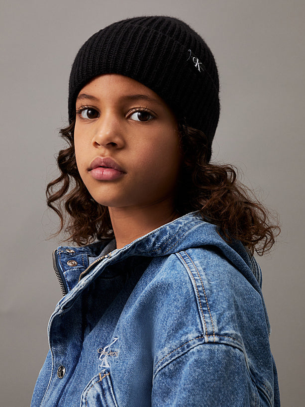Cappello Cuffia a Coste Monogram Ragazzi Nero Calvin Klein