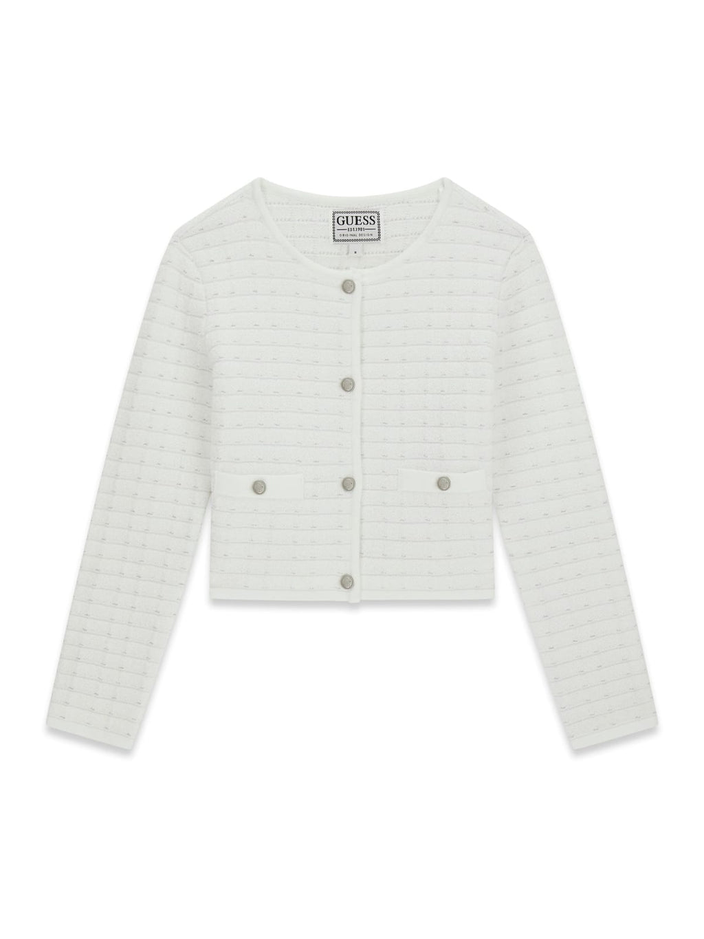 Cardigan Bianco Guess con Ricami e Bottoni Argento - Ragazza