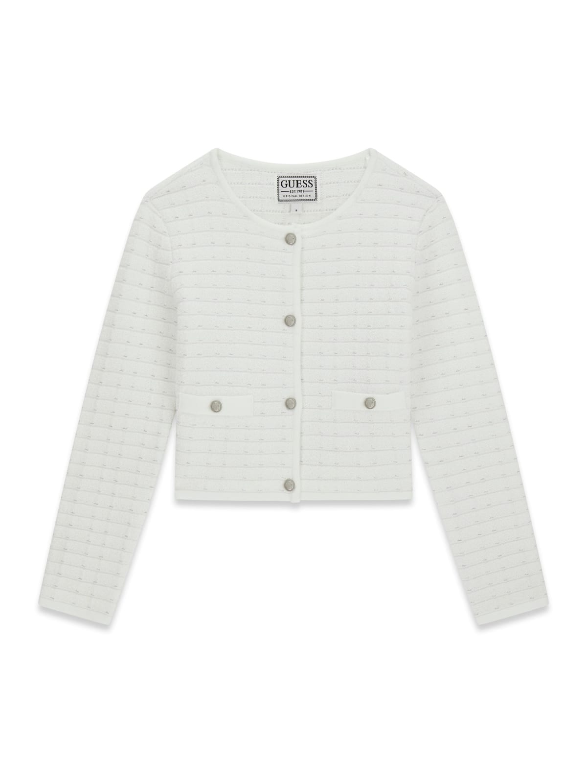 Cardigan Bianco Guess con Ricami e Bottoni Argento - Ragazza