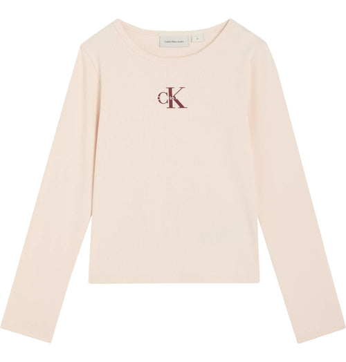 T-shirt a Coste Maniche Lunghe Logo Ragazza Rosa Antico Calvin Klein