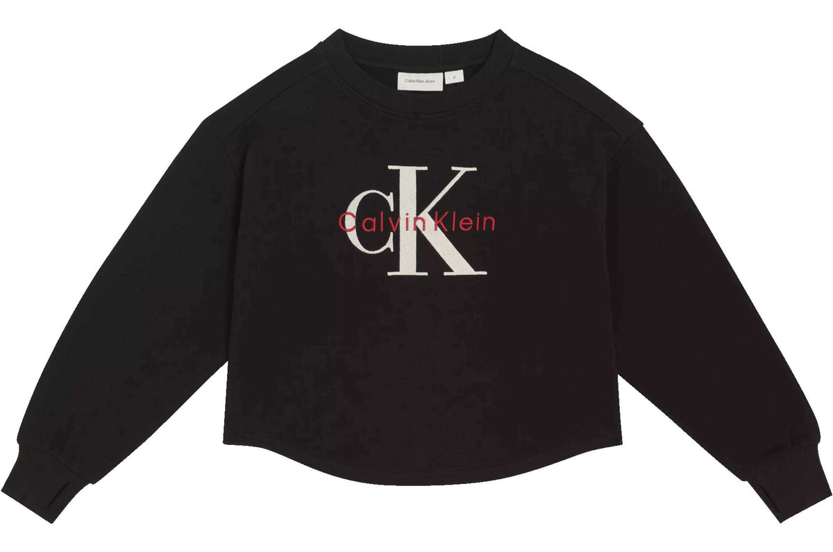 Felpa Girocollo Logo Ricamato Ragazza Nera Calvin Klein