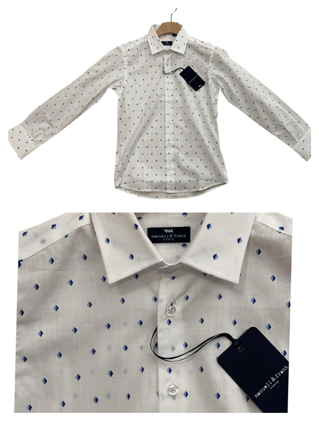 CAMICIA FANTASIA ROMBO AZZURRO SU BASE BIANCA RAGAZZO