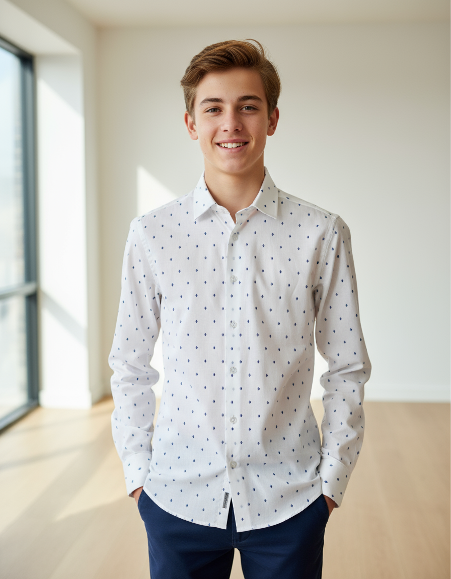 CAMICIA FANTASIA ROMBO AZZURRO SU BASE BIANCA RAGAZZO