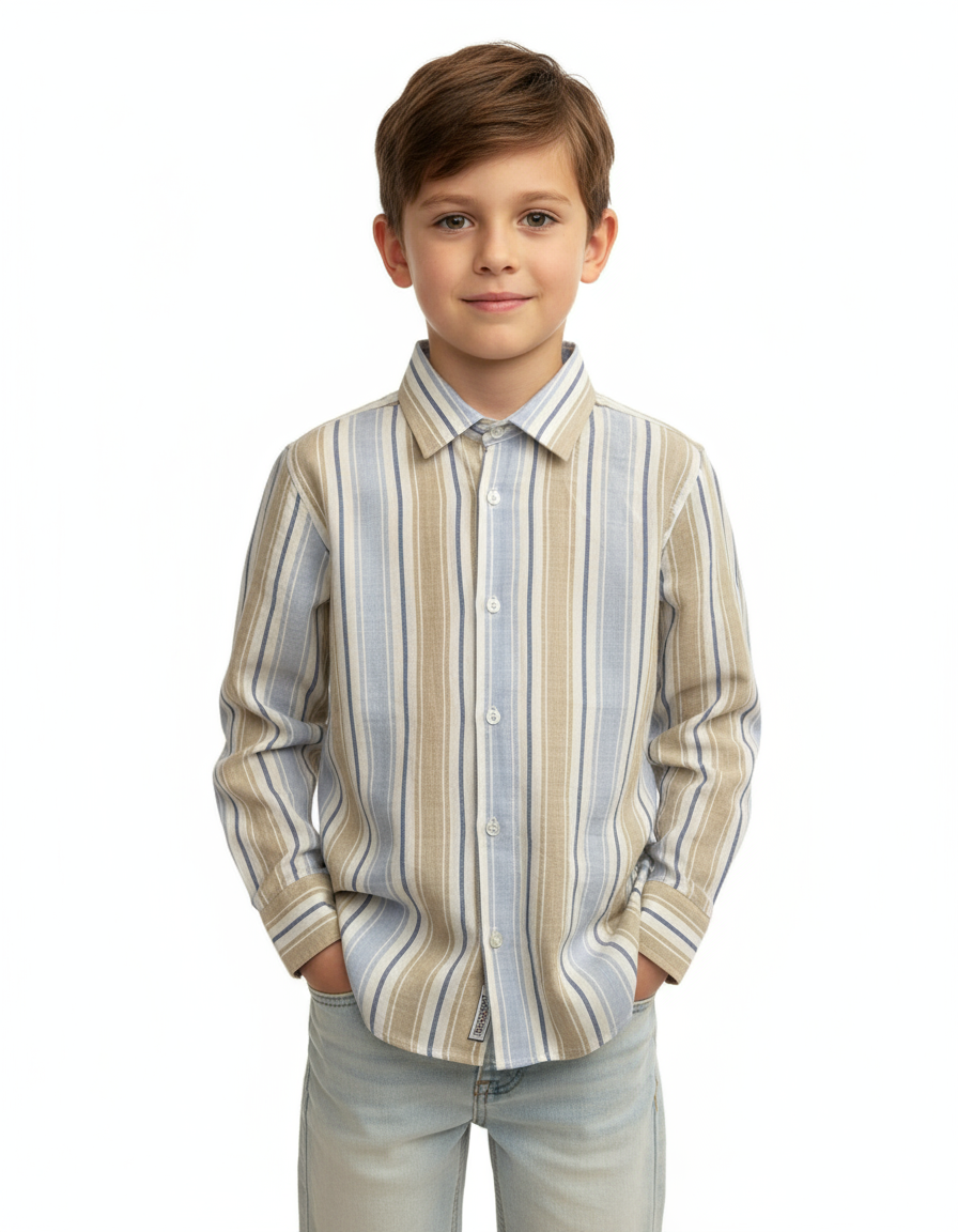 CAMICIA A RIGHE BEIGE E AZZURRO BAMBINO