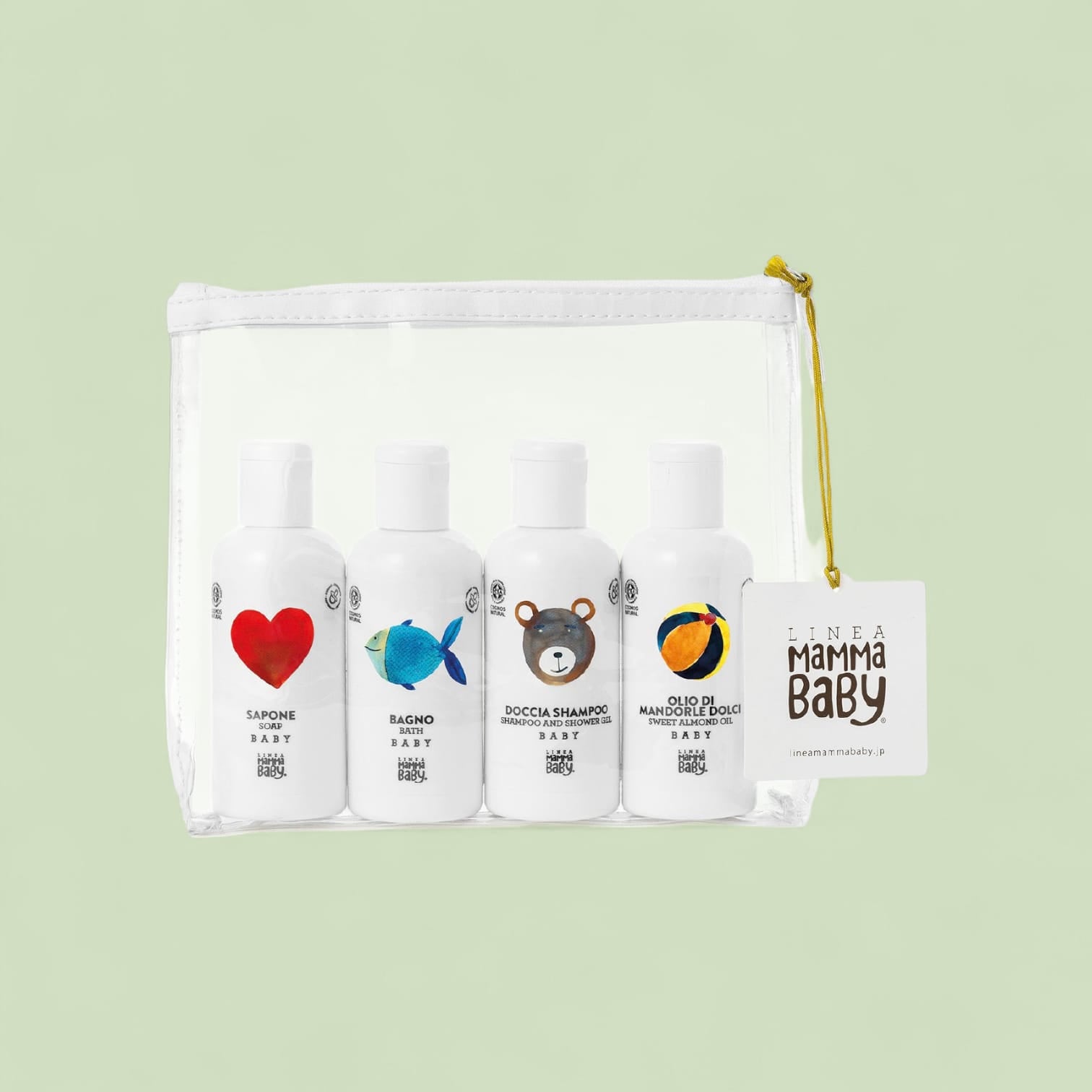 POCHETTE COSMOS NATURAL 4 X 100  ml  (CONTIENE 1 SAPONE BABY 100 ml, 1 BAGNO BABY 100 ml, 1 DOCCIA SHAMPOO BABY 100 ml, 1 OLIO DI MANDORLE DOLCIBABY 100 ml)