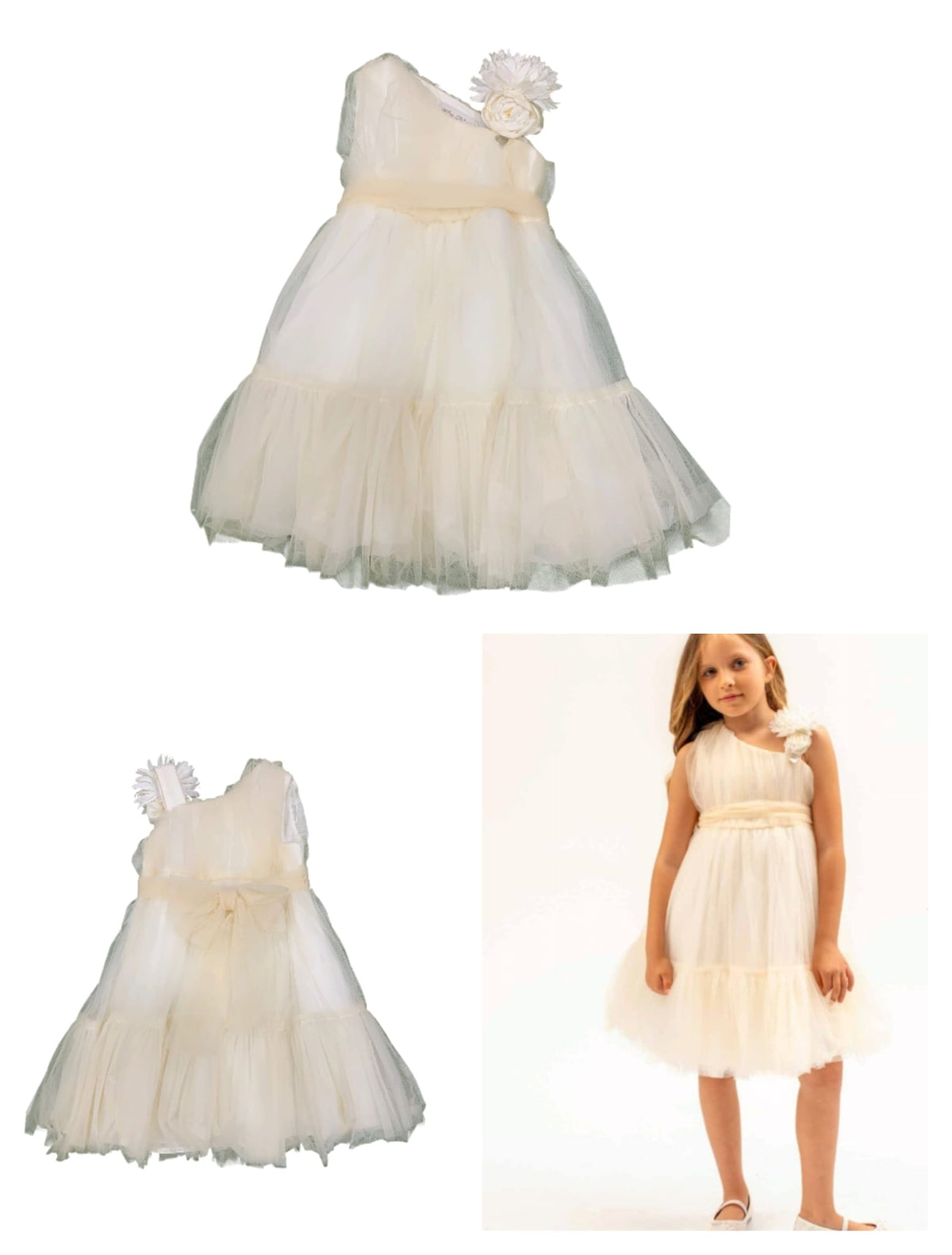 Cerimonia Smanicato Effetto Monospalla con Fiore Alice Pi - Bambina