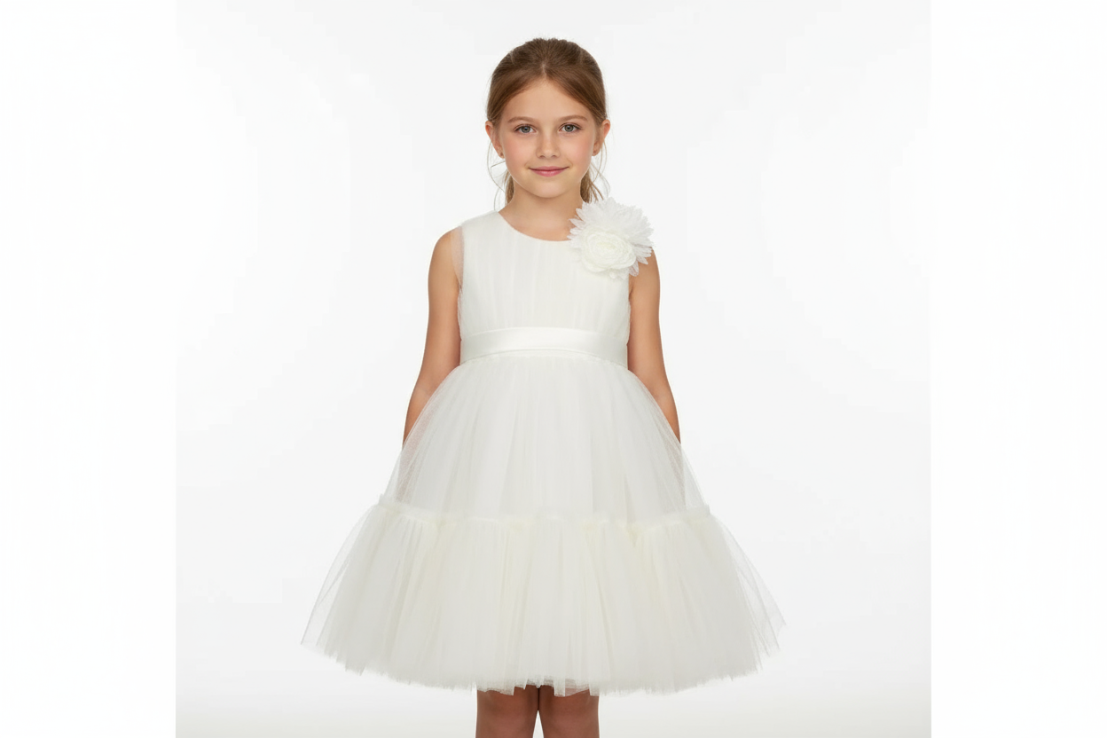 Cerimonia Smanicato Effetto Monospalla con Fiore Alice Pi - Bambina