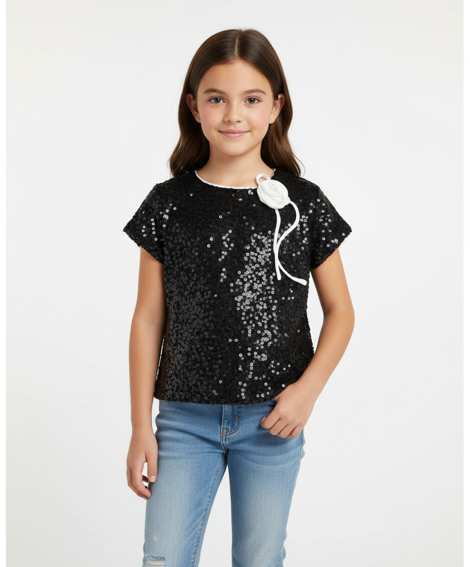 TOP PAILLETTES CON ROSA STACCABILE - 100% PL