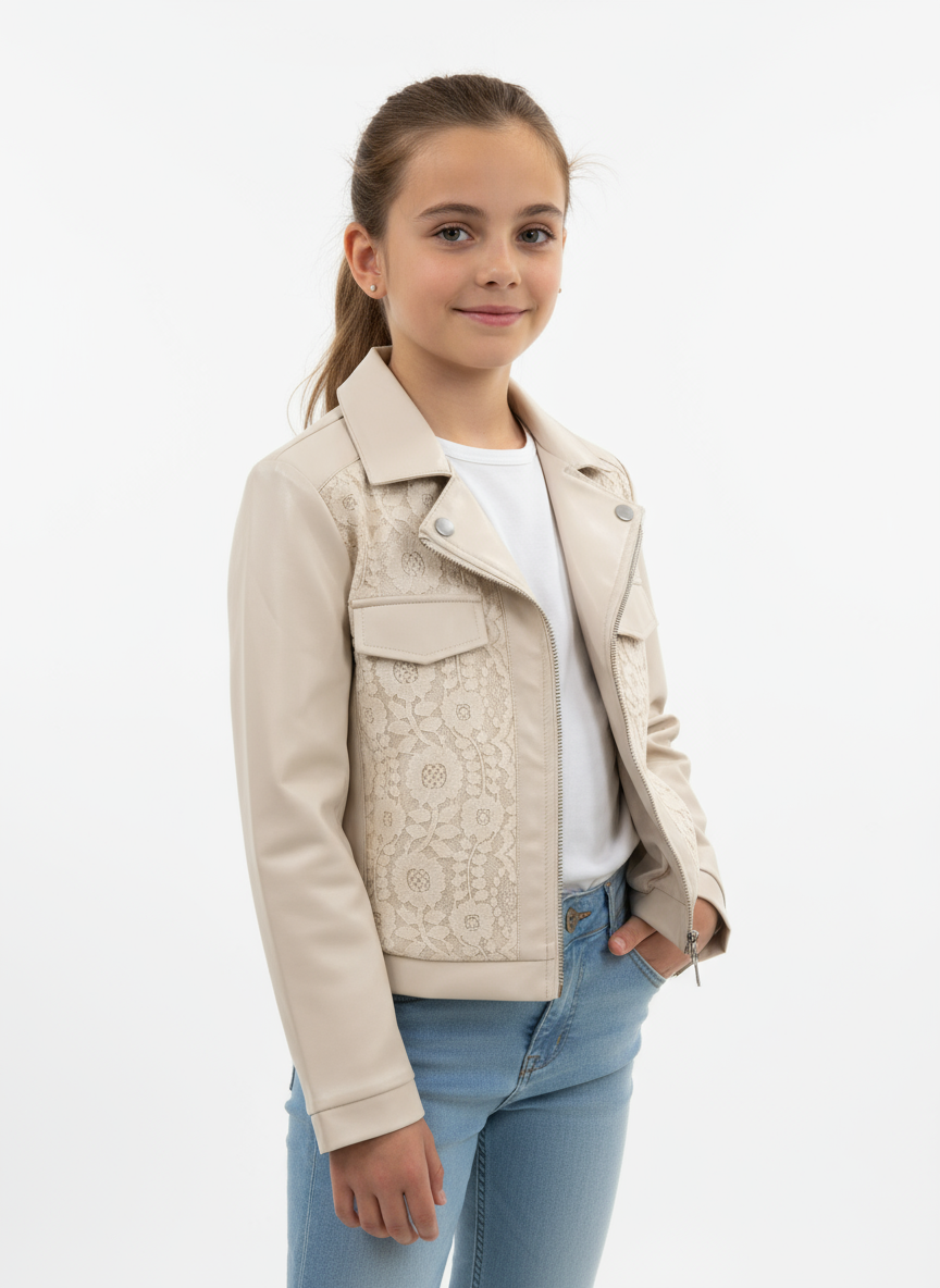 Giubbotto Ecopelle con Pizzo Panna Alice Pi - Bambina