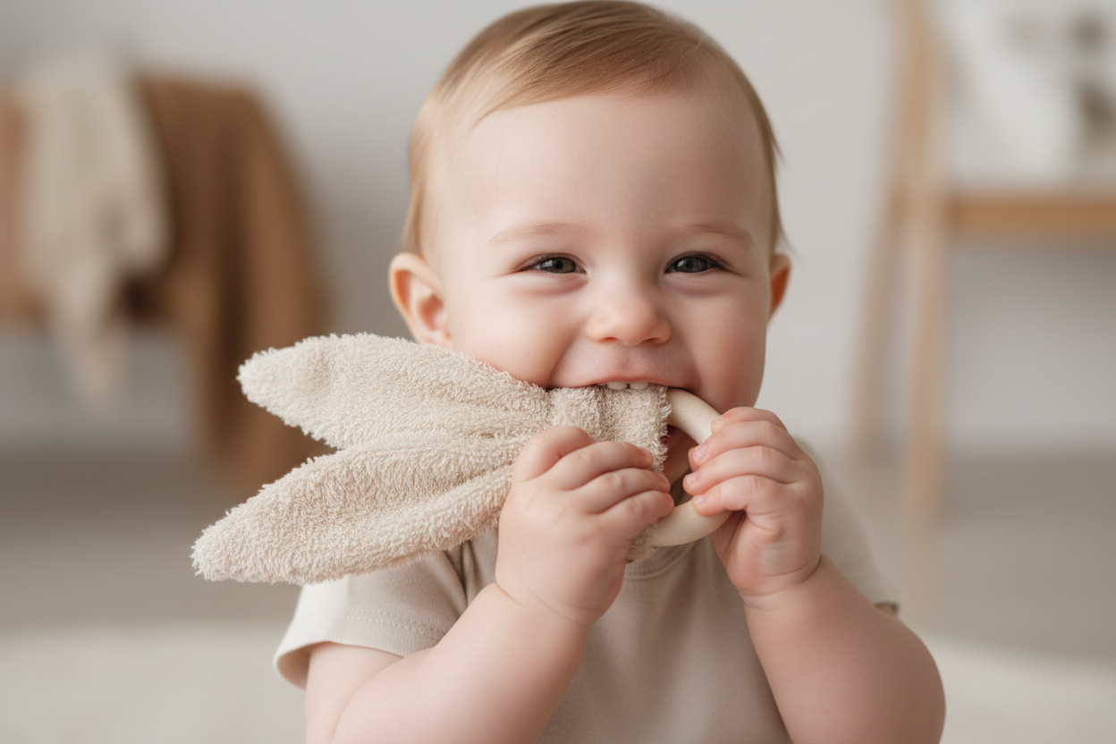 ORECCHIE IN COTONE CON ANELLO DI LEGNO PER LA DENTIZIONE- WOOLY ORGANIC