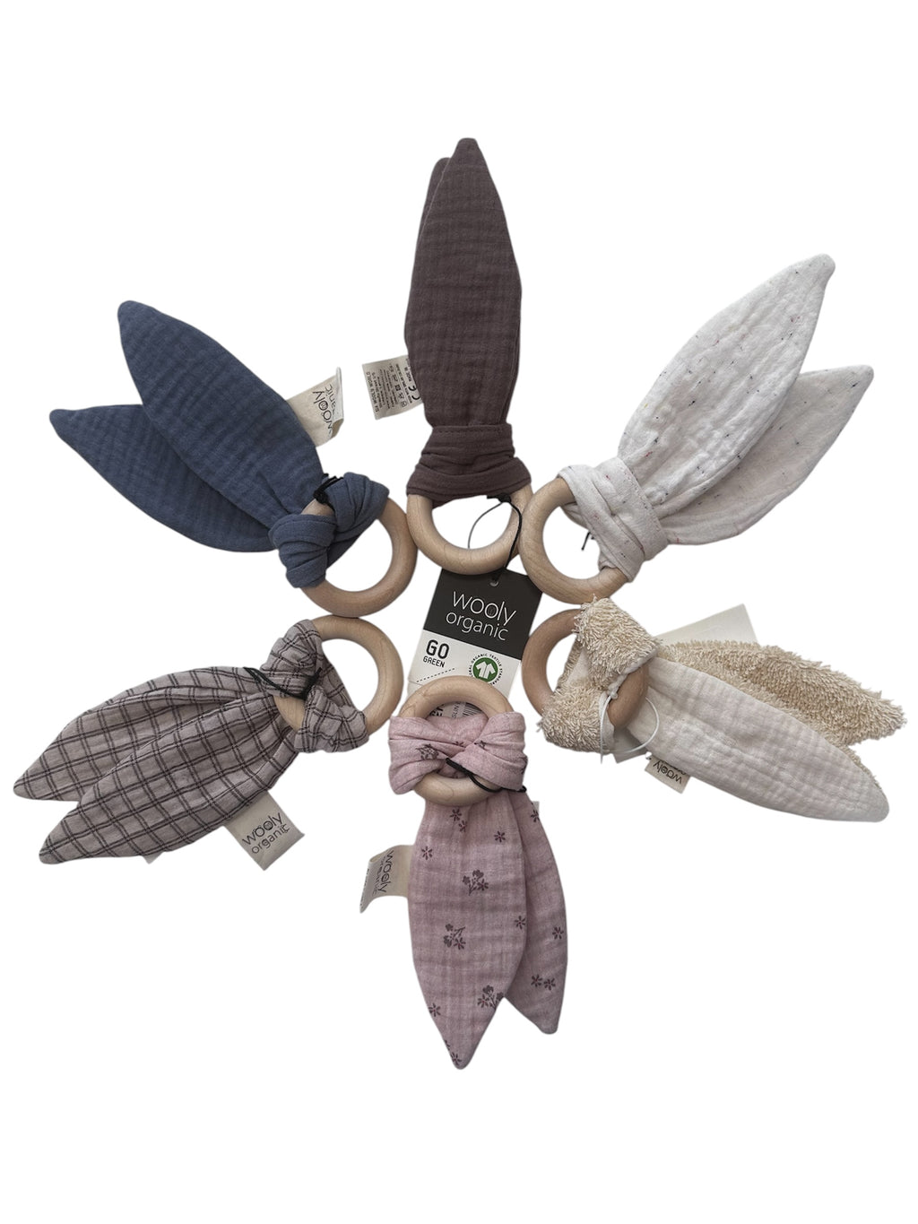 Orecchie in Mussola con Annello di Legno per la Dentizione-gots- Wooly Organic
